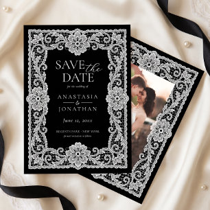 Vintage Lace Black and White Wedding Photo Save The Date