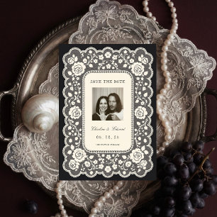 Vintage Lace Black Save the Date Invitation