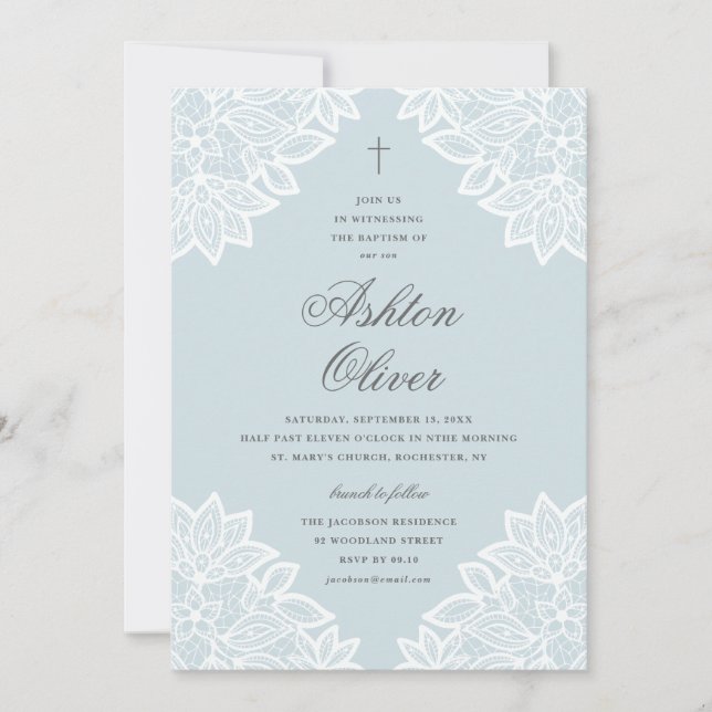 Vintage Lace Blue Religious Baptism & Christening Invitation (Front)