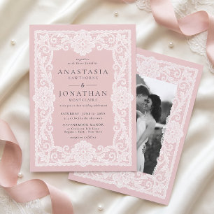 Vintage Lace Blush Pink Photo Wedding Invitation