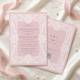 Vintage Lace Blush Pink QR Code Wedding Invitation