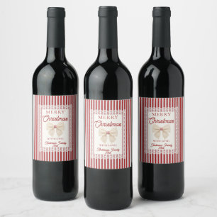 Vintage Lace Bow Retro Red Stripes Christmas Party Wine Label