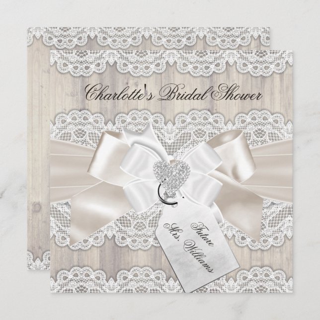 Vintage Lace Bow & Rustic Wood Bridal Shower Invitation (Front/Back)