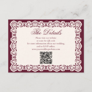 Vintage Lace Burgundy Wedding Website QR Code Enclosure Card