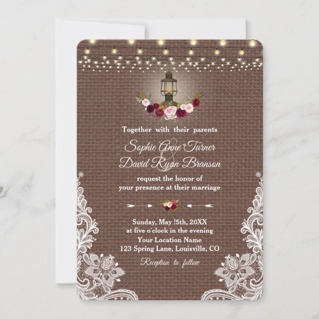 Vintage Lace Burlap Lantern String Lights Wedding Invitation (Front)