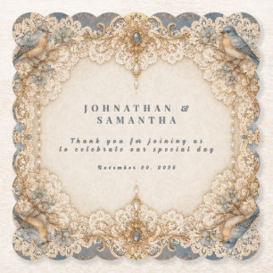 Vintage lace country wedding ivory taupe scallop paper coaster