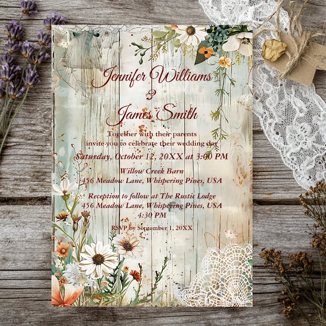 Vintage Lace & Daisies Rustic Wedding Invitation (Creator Uploaded)