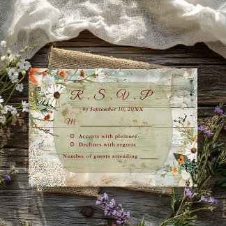 Vintage Lace & Daisies Rustic Wedding RSVP Card
