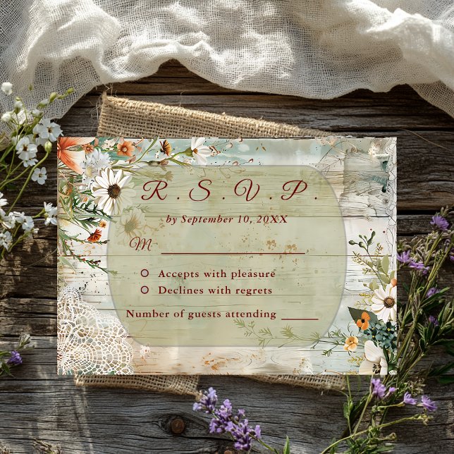 Vintage Lace & Daisies Rustic Wedding RSVP Card (Creator Uploaded)