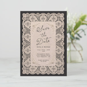 Vintage Lace Doily Black Save the Date with Photo Invitation