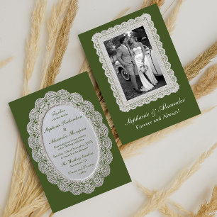 Vintage Lace Elegant Olive Green Photo Wedding Invitation
