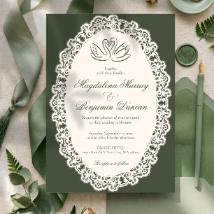 Vintage Lace Elegant Olive Green Swan Wedding Invitation