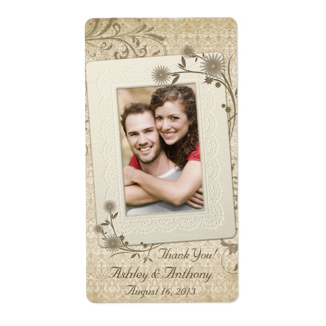 Vintage Lace Floral Photo Wedding Wine Bottle (Front)