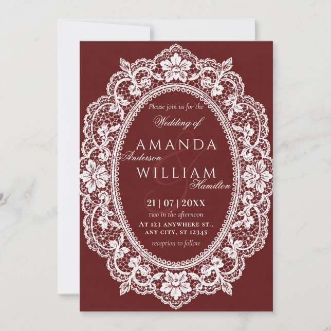 Vintage Lace Frame Burgundy Wedding Invitation (Front)