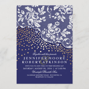 Vintage Lace Gold Confetti Lights Navy Wedding Invitation