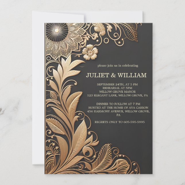 Vintage Lace Gold Foil Embossed Rehearsal Dinner Invitation (Front)