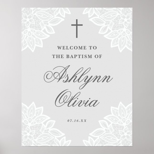 Vintage lace gray baptism welcome sign (Front)