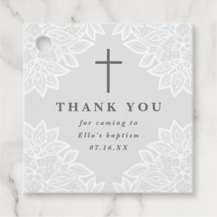 Vintage lace grey baptism thank you favour tags