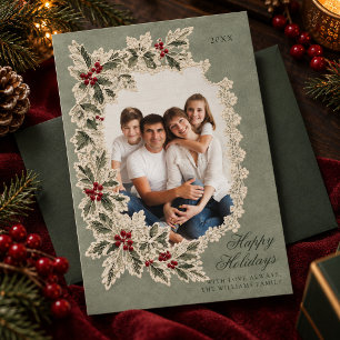 Vintage Lace Holly Family Photo Christmas Holiday Card