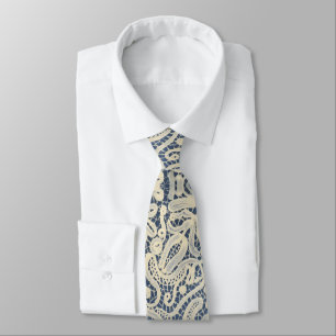 Vintage Lace-Inspired Pattern in Navy Champagne  Tie