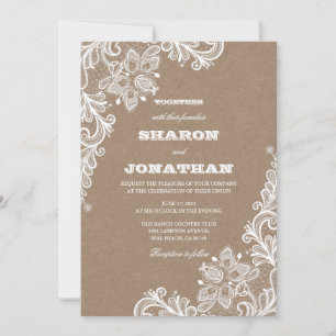 Vintage Lace Kraft & White Rustic Wedding Invitation