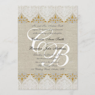 Vintage Lace Linen Gold Wedding Monogram Damask Invitation