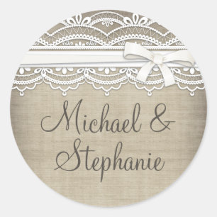 Vintage Lace & Linen Rustic Elegance Wedding Classic Round Sticker