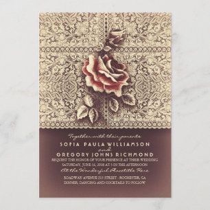 Vintage Lace Marsala Rose Wedding Invitations