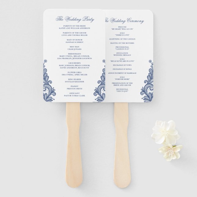 Vintage Lace Navy Blue Rustic Wedding Program Hand Fan (Front and Back)
