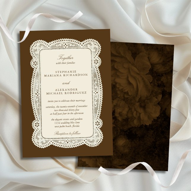 Vintage Lace Old Money Mocha Brown Wedding Invitation (Creator Uploaded)