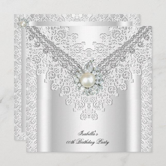 Vintage Lace Pearl Silver White Elegant Birthday Invitation (Front/Back)