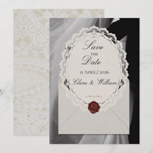 Vintage Lace Pearls Wax Seal Photo Save The Date