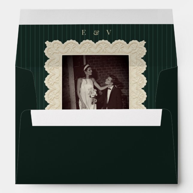 Vintage Lace Photo Monogram Stripes Retro Wedding Envelope (Back (Bottom))