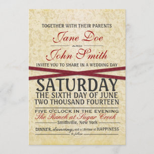 Vintage Lace & Red Ribbon Wedding Invitation