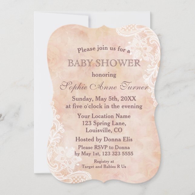 Vintage Lace Roses Old Paper Baby Shower Invite (Front)