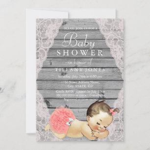 Vintage Lace Rustic Wood Girl Baby Shower Invite