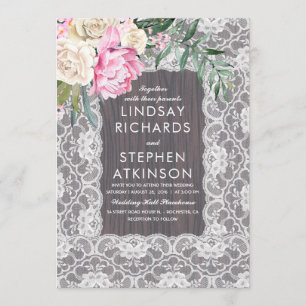 Vintage Lace Rustic Wood Pink Cream Floral Wedding Invitation