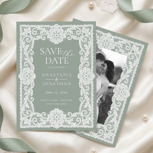 Vintage Lace Sage Green Wedding Photo Save The Date