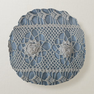Vintage lace: small white roses. round cushion