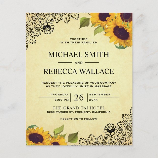 Vintage Lace Sunflower Budget Wedding Invitation (Front)