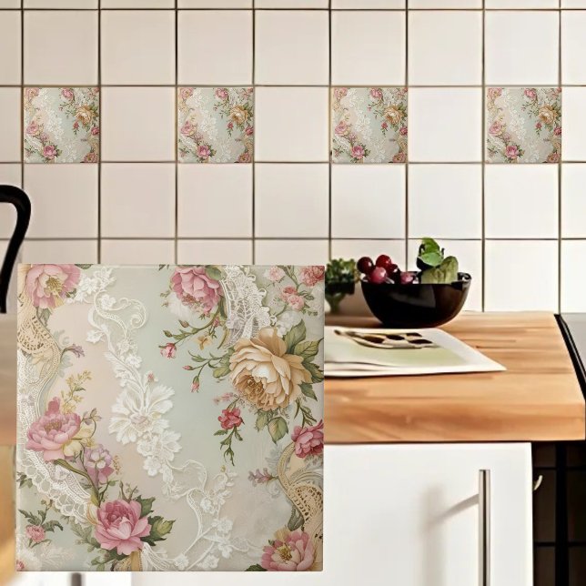 Vintage Laces and Roses Ceramic Tile (Creator Uploaded)