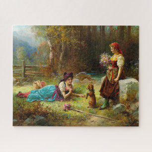 Vintage Ladies And A Brown Dog At the Forest Jigsaw Puzzle