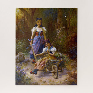 Vintage Ladies And Wheel Barrow At the Forest Jigsaw Puzzle