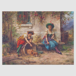 Vintage Ladies In Red Blue And Brown Dog Decoupage Tissue Paper