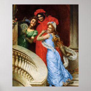 Vintage Ladies In Red Blue Green At Masquerade Poster