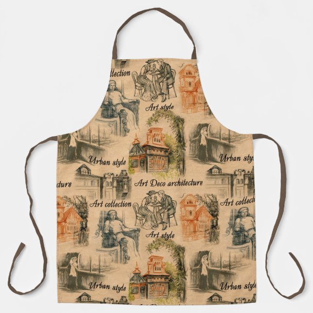 Vintage Ladies in the City Pencil Drawing Apron (Front)