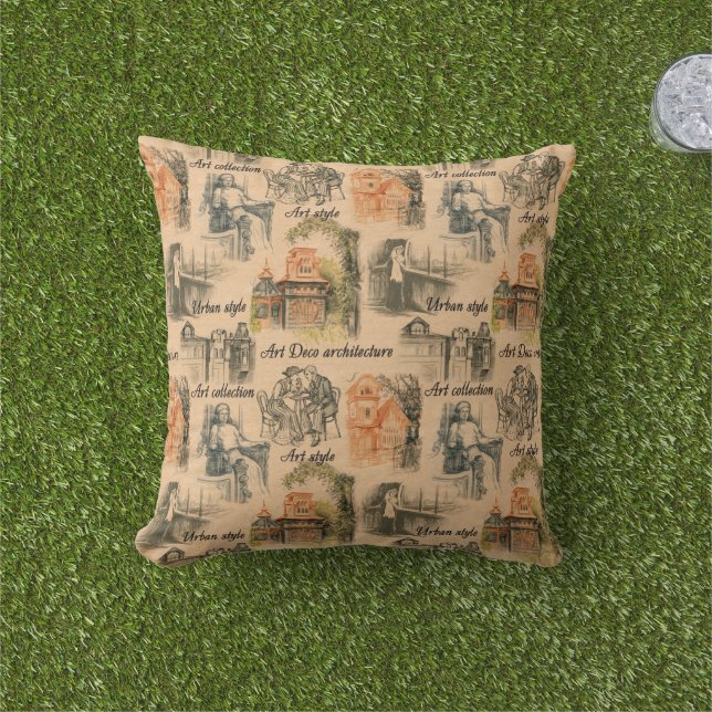 Vintage Ladies in the City Pencil Drawing Cushion (Grass)