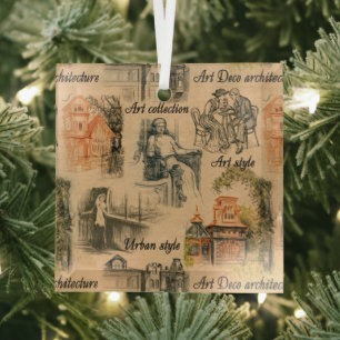 Vintage Ladies in the City Pencil Drawing Glass Tree Decoration