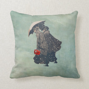 Vintage Ladies Snow Shopping Holiday Throw Pillow