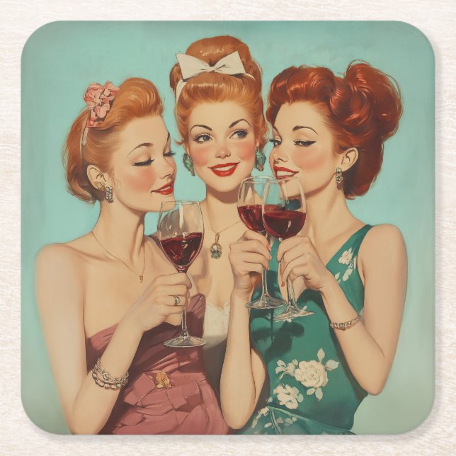 Vintage Ladies Toasting with Wine Square Paper Coaster (Front)